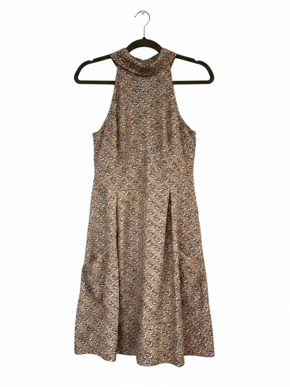 Jessica Simpson Sz 4 Thelma Taupe Dress Chain-Print Mock Neck | EUC